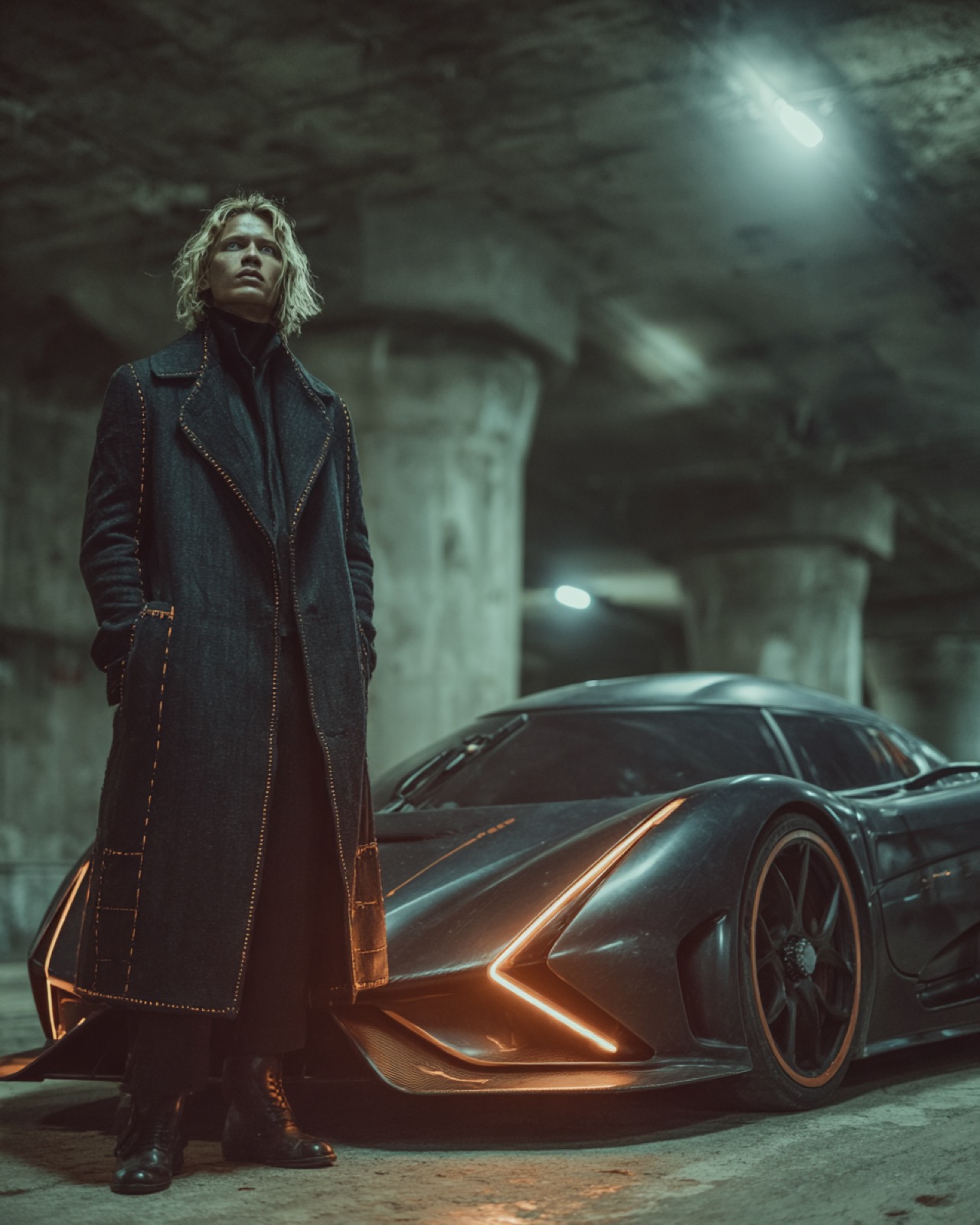 Court artwork: a queen in a long dark coat stands beside a dark hypercar in a concrete car park