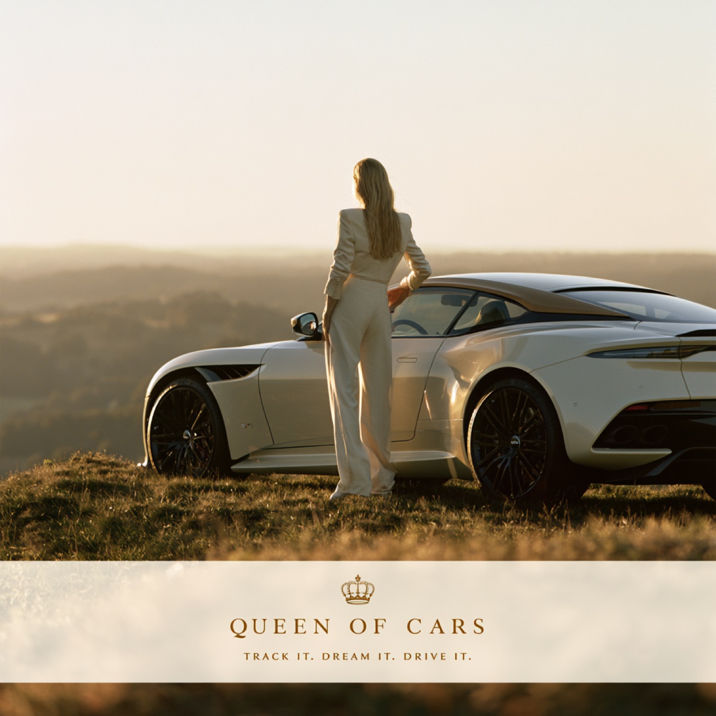 Court artwork: a queen beside a cream grand tourer at golden hour - Queen of Cars, track it, dream it, drive it