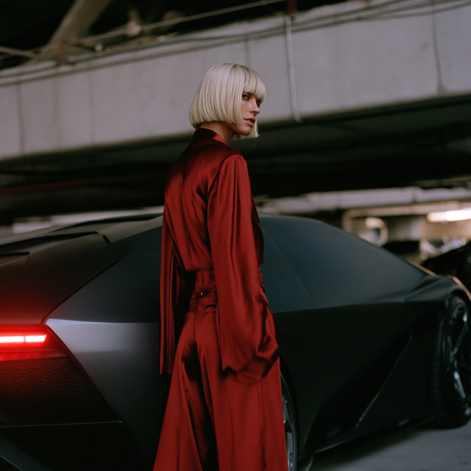 Court artwork: a queen in a red satin suit glances back over her shoulder beside a matte black hypercar