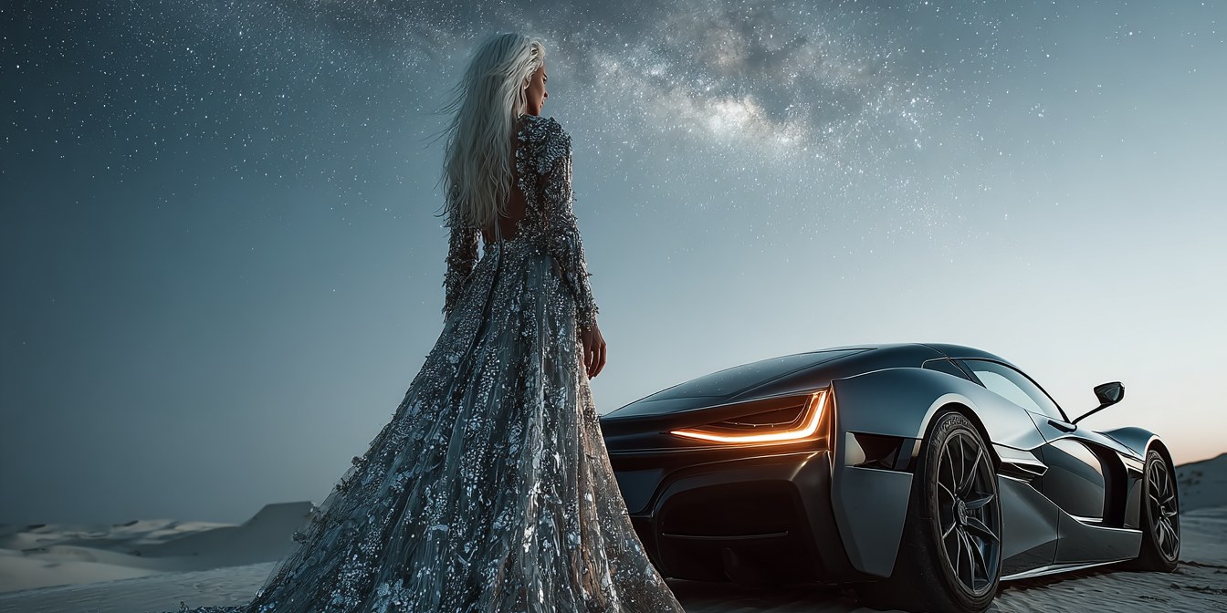 A queen in a silver starlit gown beside a dark hypercar under the Milky Way