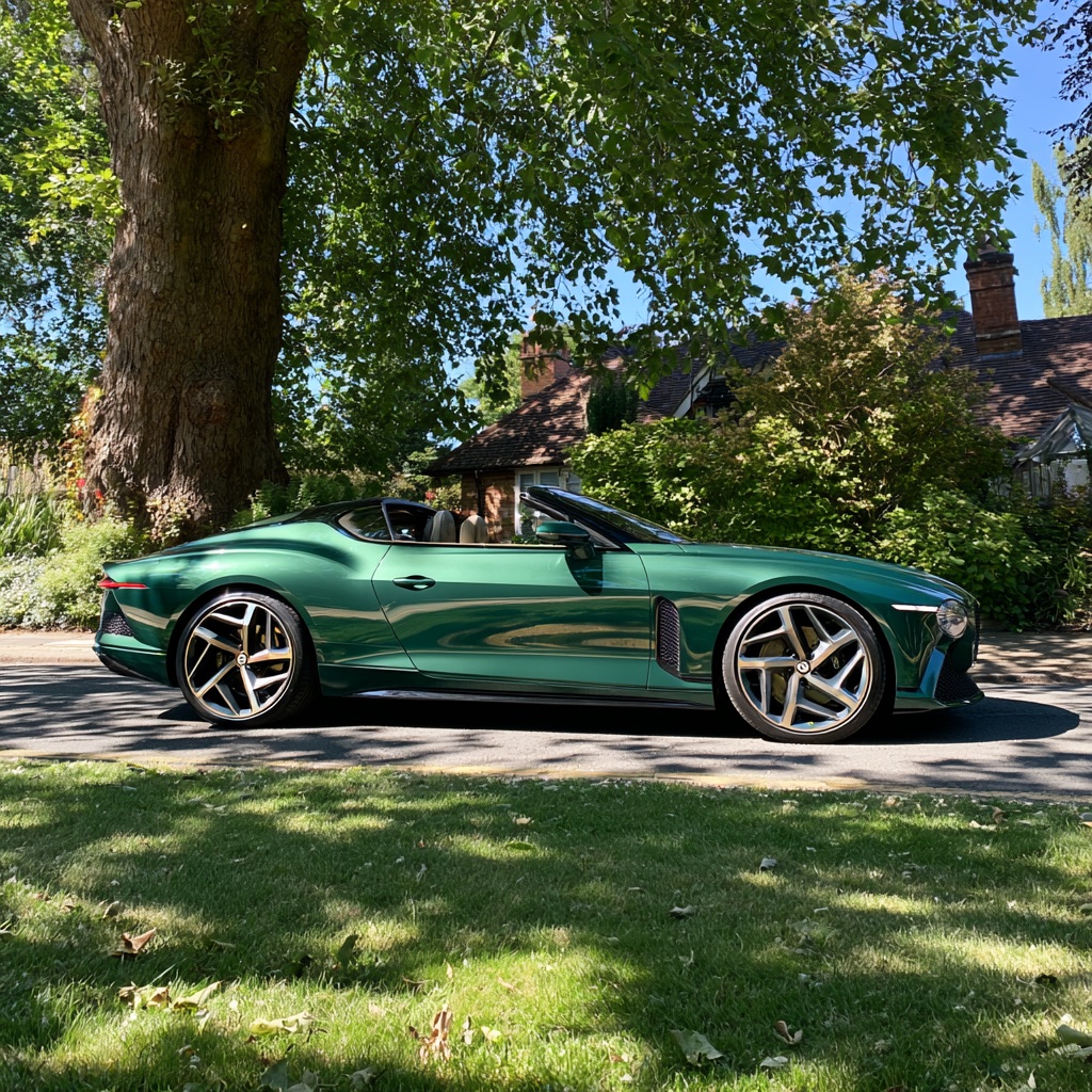 A grand tourer in racing green on a leafy Solihull lane - court artwork